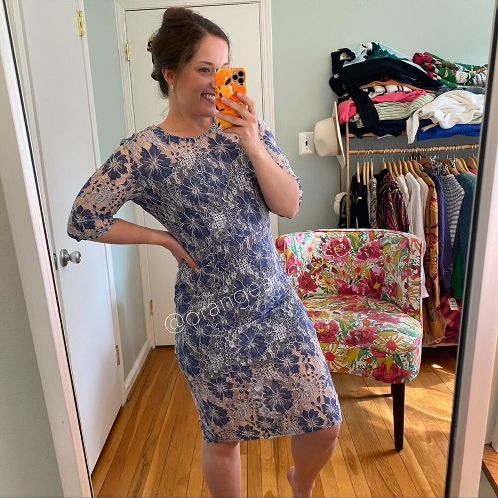 NWT VONE Antropologie Blue White Floral Lace Mini Dress Small - Picture 10 of 14